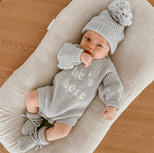 'He's Here' Powder Blue Long Sleeve Knit Romper